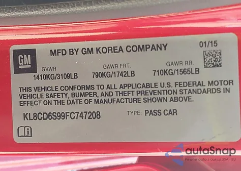 2015 Chevrolet Spark 1Lt Cvt from USA, damaged, VIN KL8CD6S99FC747208